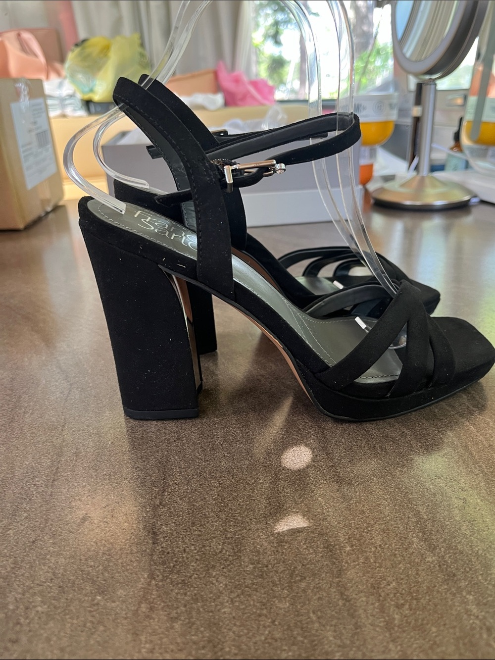 Franco Sarto Black Suede Cross-Strap Block Heel Sandals - Picture 2 of 4